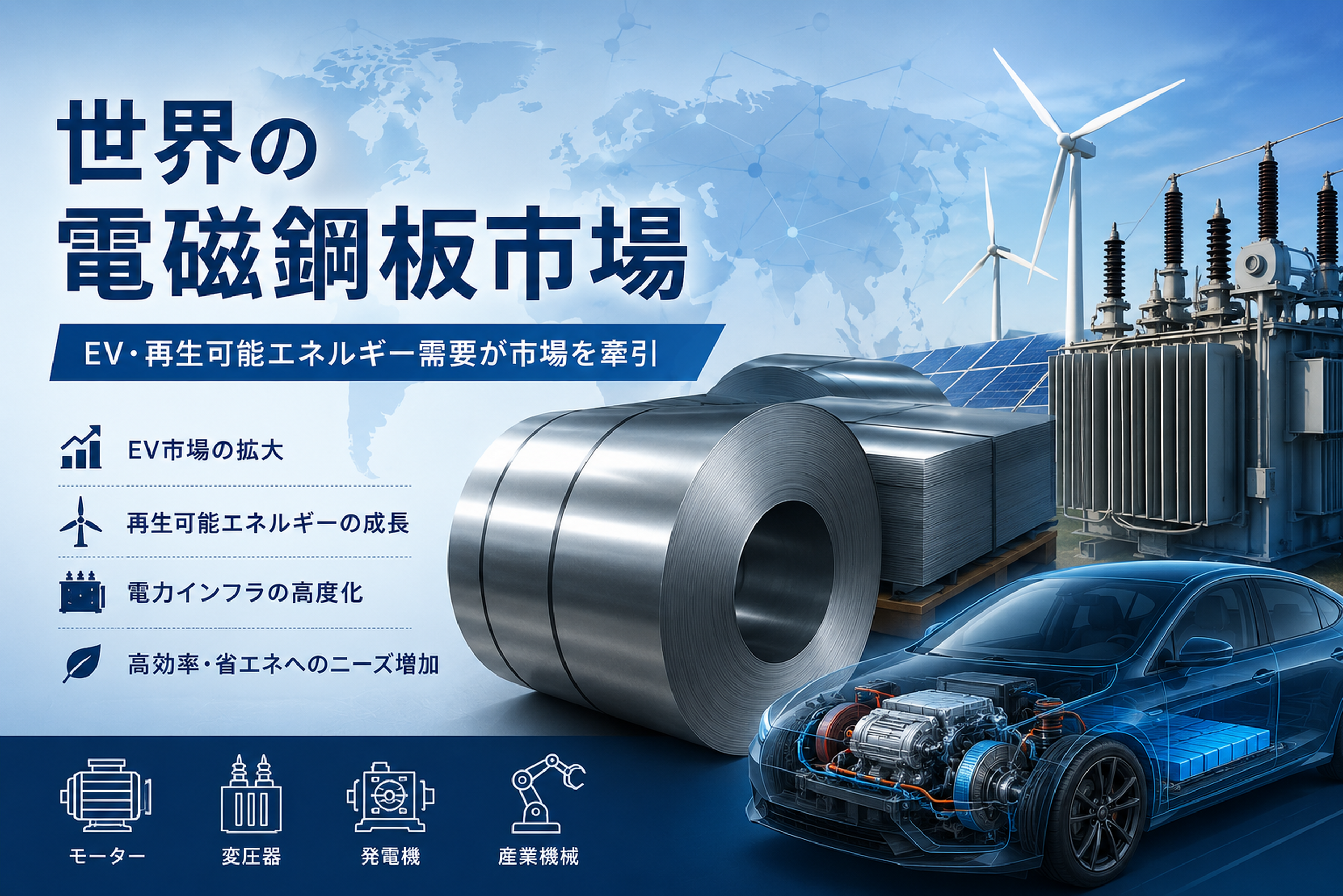 世界の電磁鋼板市場の最新動向と成長要因｜EVモーター需要が市場拡大を後押し